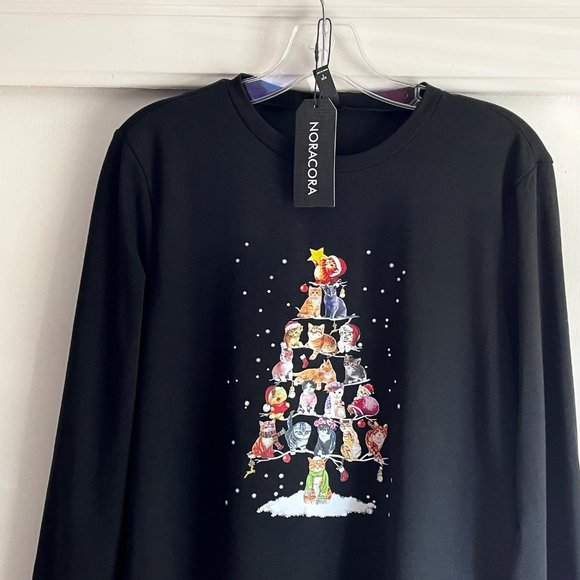 NoraCora Christmas Tree of Cats Print Top Size S Black Long Sleeve Crew Tee - Picture 3 of 7